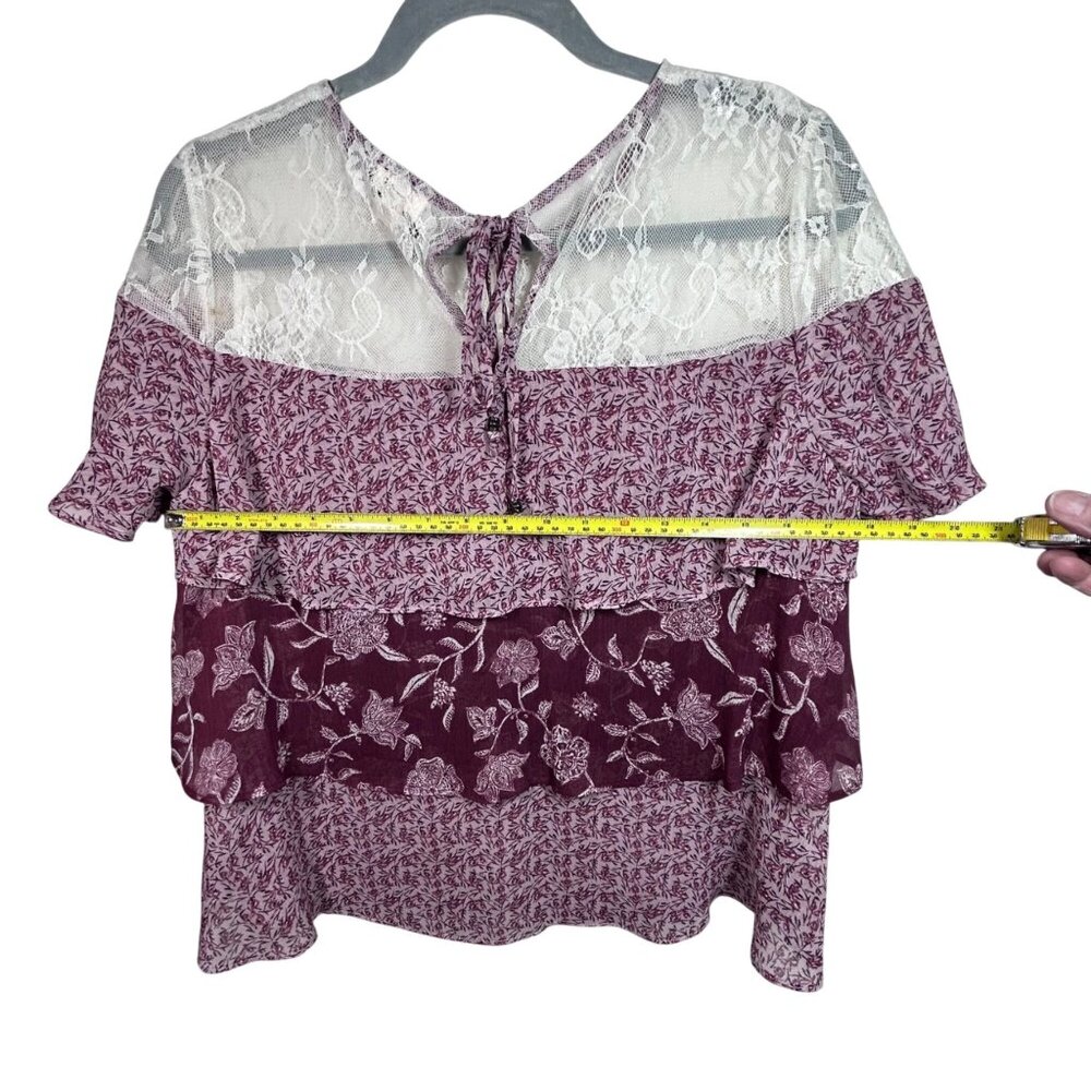 Mason & Belle Womens Floral Lace Yoke Layered Ruffle Top Burgundy & Cream Size L - Picture 5 of 8